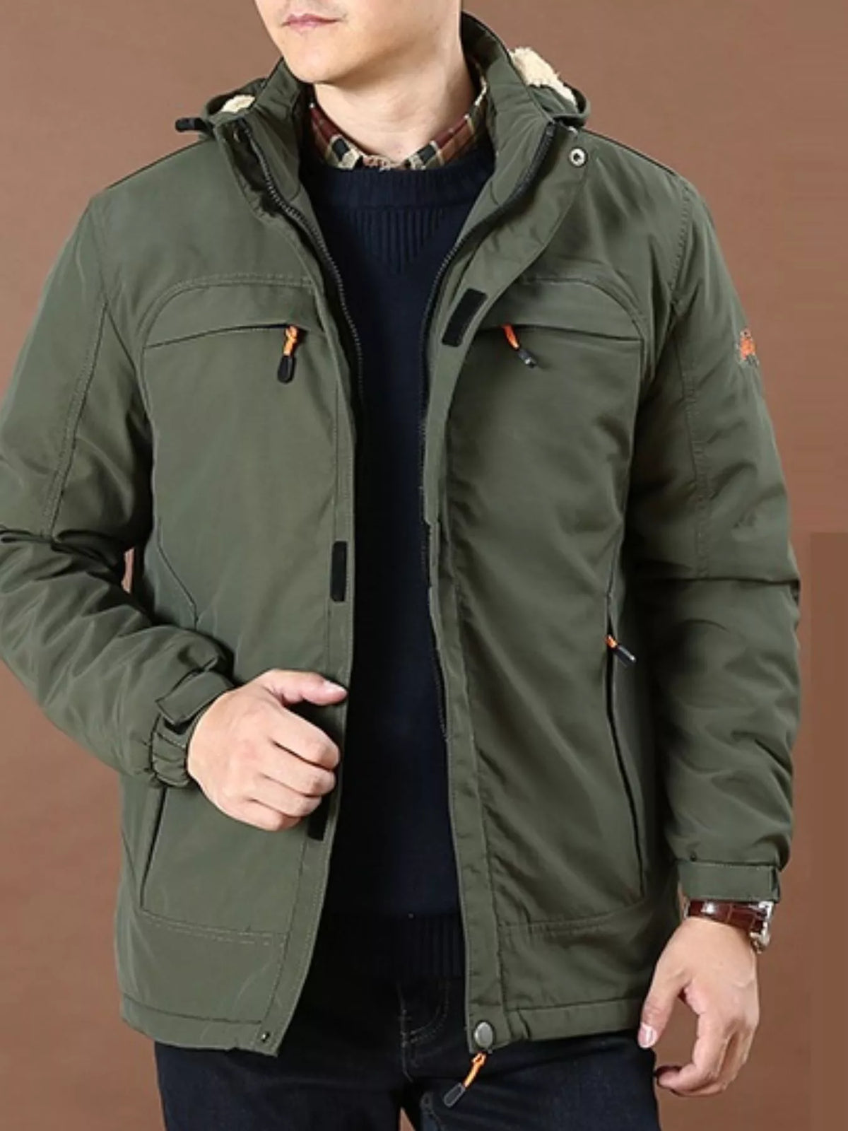 Men's dark green hooded fleece-lined jacket with zip front and drawcord hem