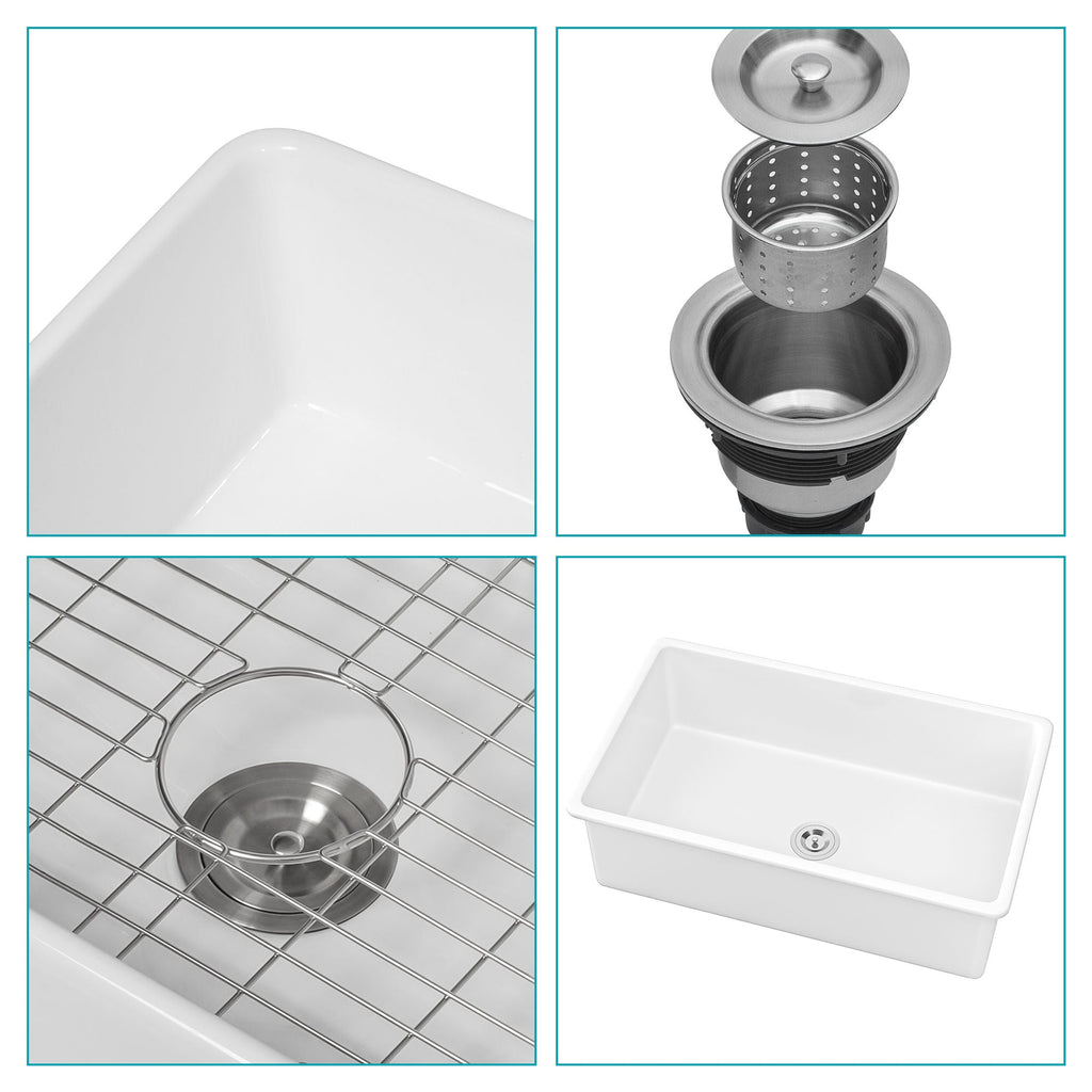 White single-bowl ceramic kitchen sink with smooth basin and round drain hole
