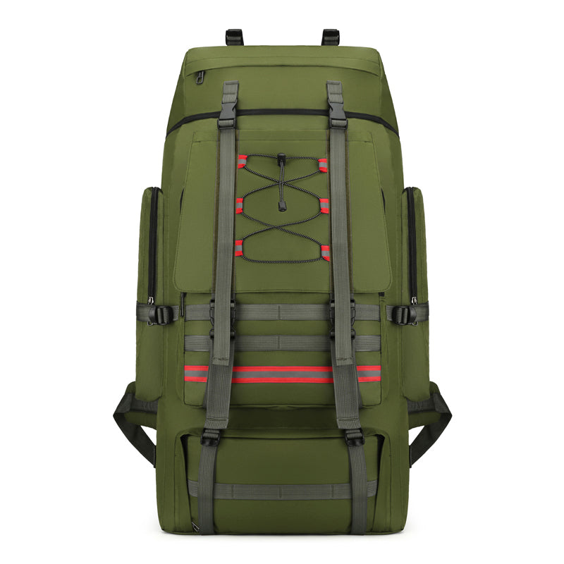 Olive green travel backpack with front organizer panel and ladder-style shoulder straps
