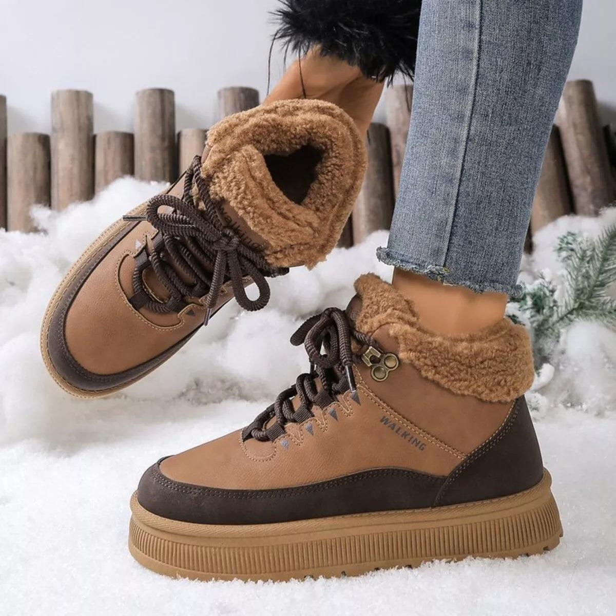 Caramel lace-up platform ankle boots with tan shearling cuff and lace-up closure