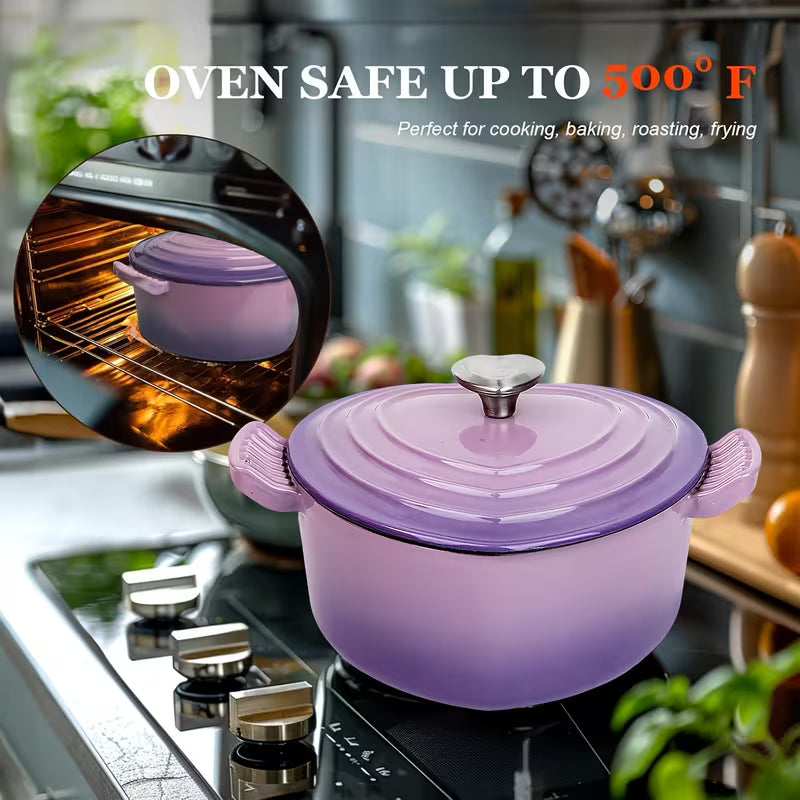 Purple enamel cast iron Dutch oven with round lid and heart-shaped knob, close view