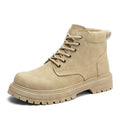 Khaki lace-up ankle boots with textured upper and light lug sole