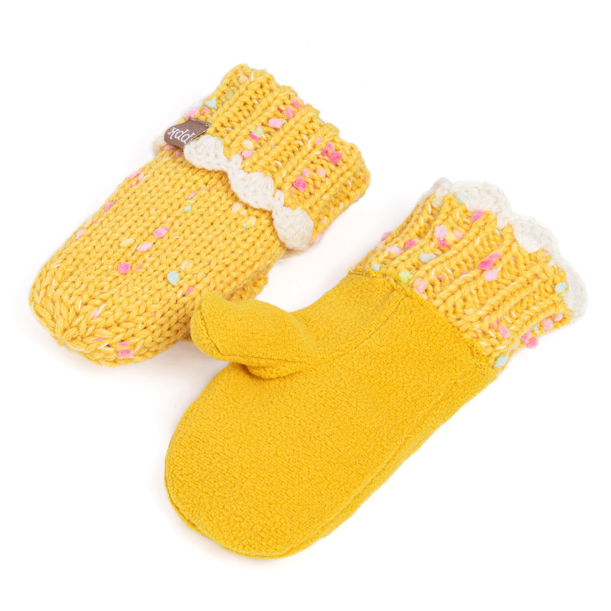 Yellow novelty knit mittens set with white cuffs and pink sprinkle accents, pair view.
