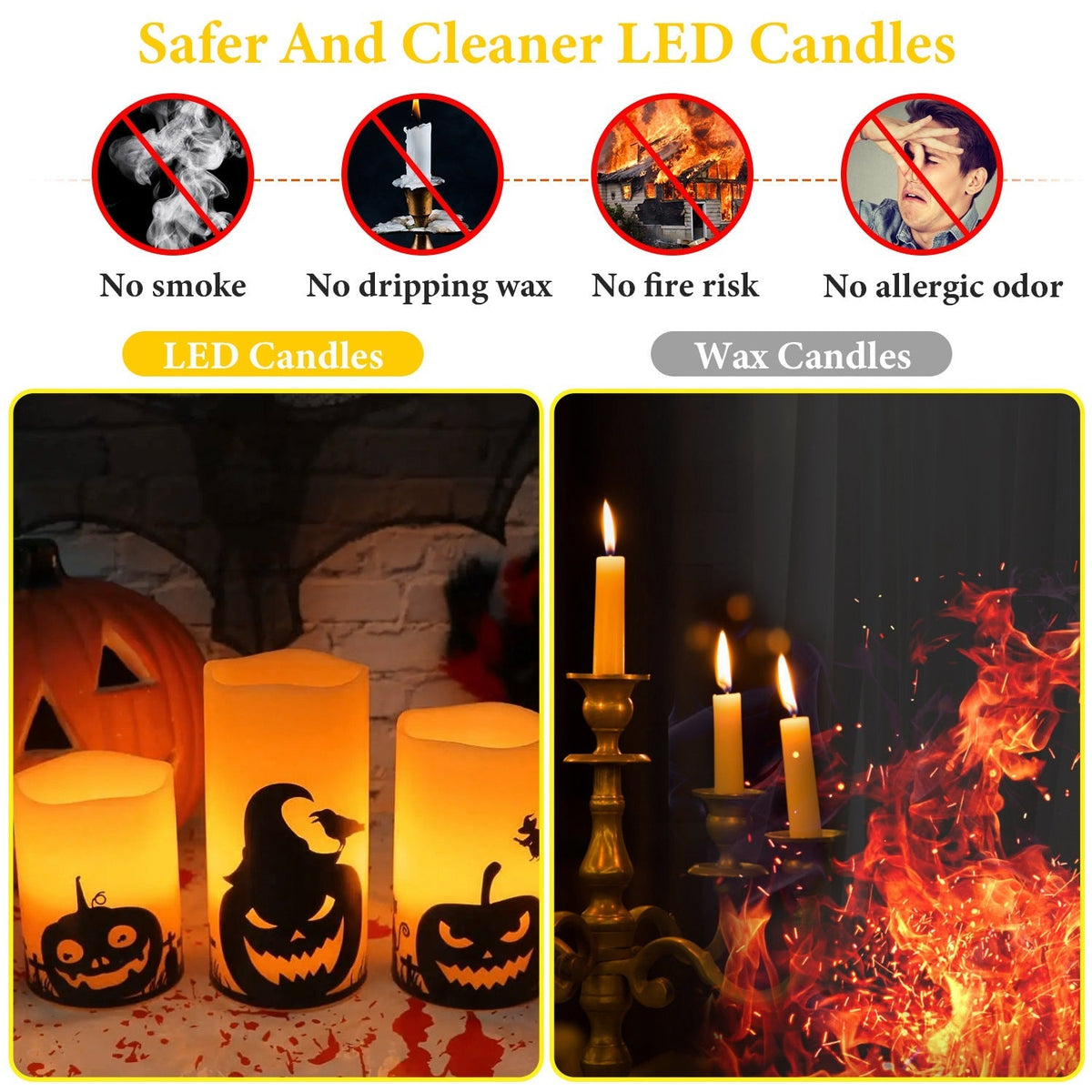 LED flameless candles with Halloween silhouettes, designed for no smoke and no dripping wax