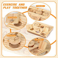 Wooden hamster snack feeder showing slide openings and a 360° rotating platform
