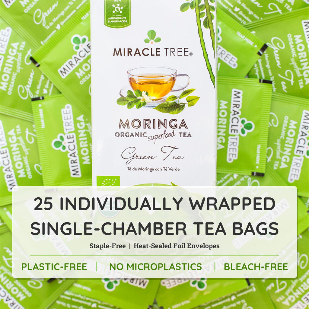 Miracle Tree moringa organic green tea box showing 25 individually wrapped single bags