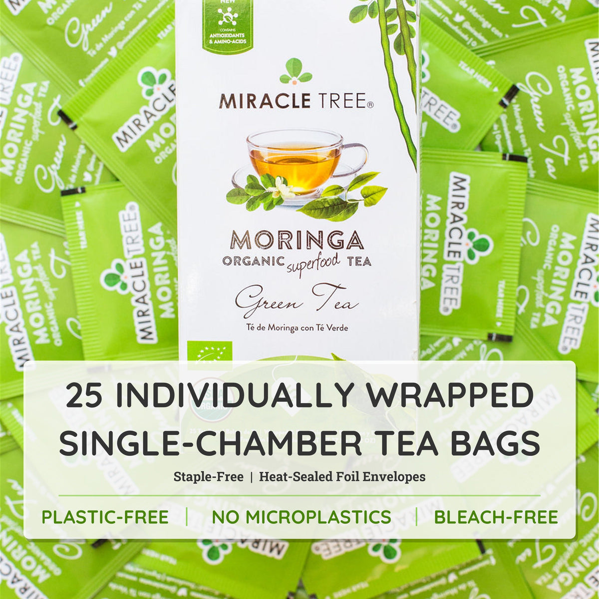 Miracle Tree moringa organic green tea box showing 25 individually wrapped single bags