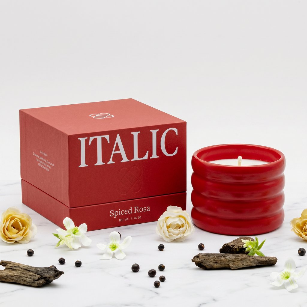 Red ribbed ceramic soy candle with lit wick and branded candle box