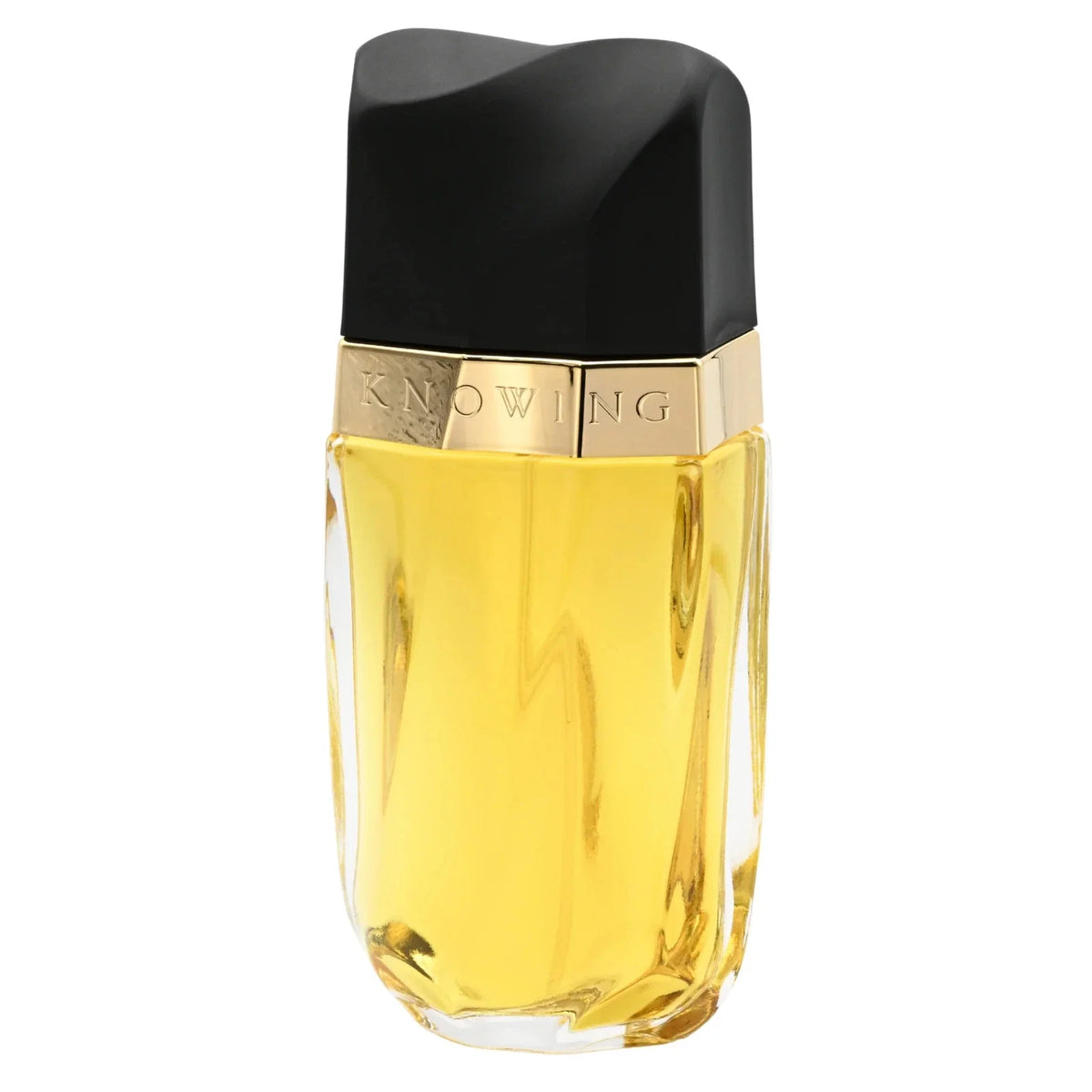 Knowing eau de parfum spray bottle with gold liquid and black cap