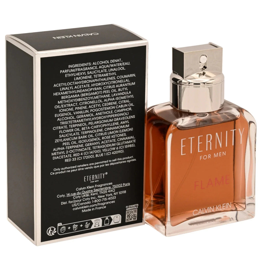 Calvin Klein Eternity Flame for Men eau de toilette spray, back of box and bottle
