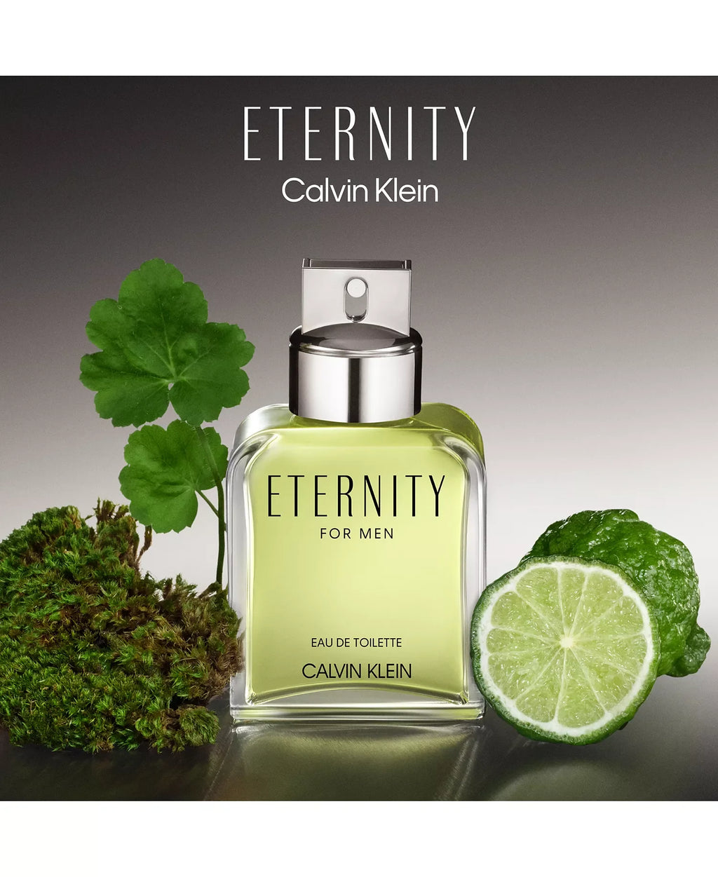 Eternity for Men eau de toilette spray bottle with silver cap, green glass