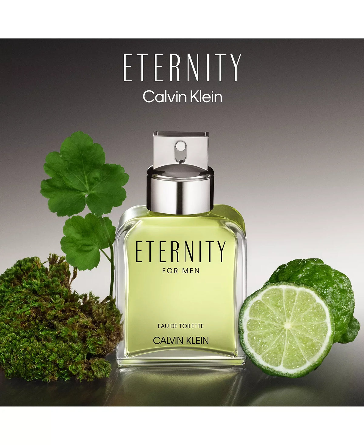Eternity for Men eau de toilette spray bottle with silver cap, green glass