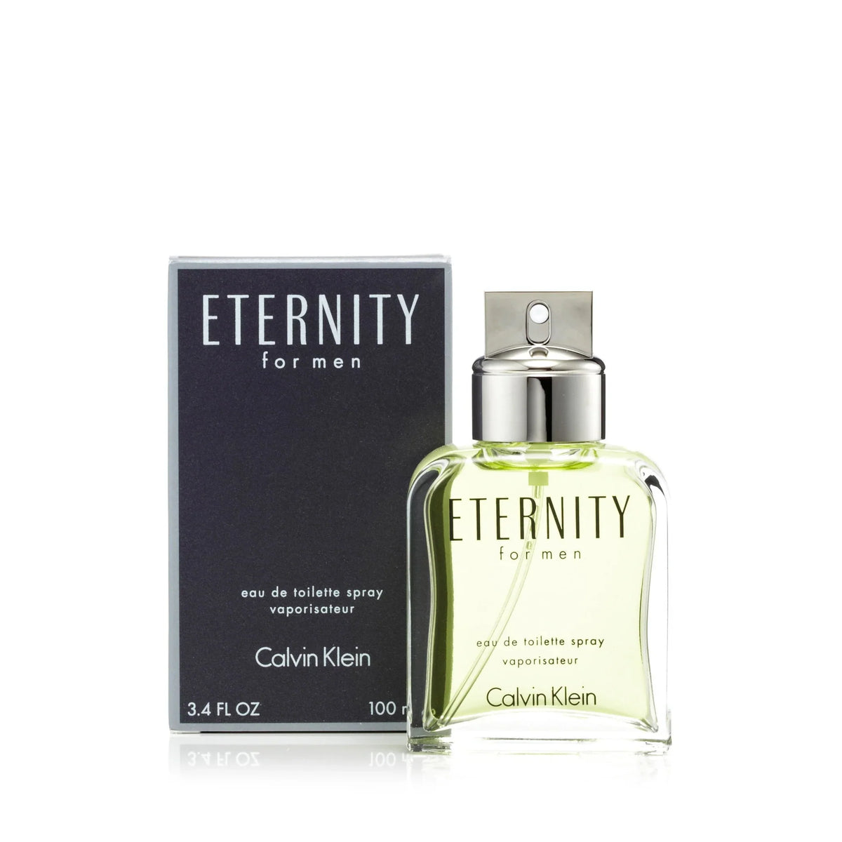 Eternity for Men eau de toilette spray bottle with silver cap and green glass