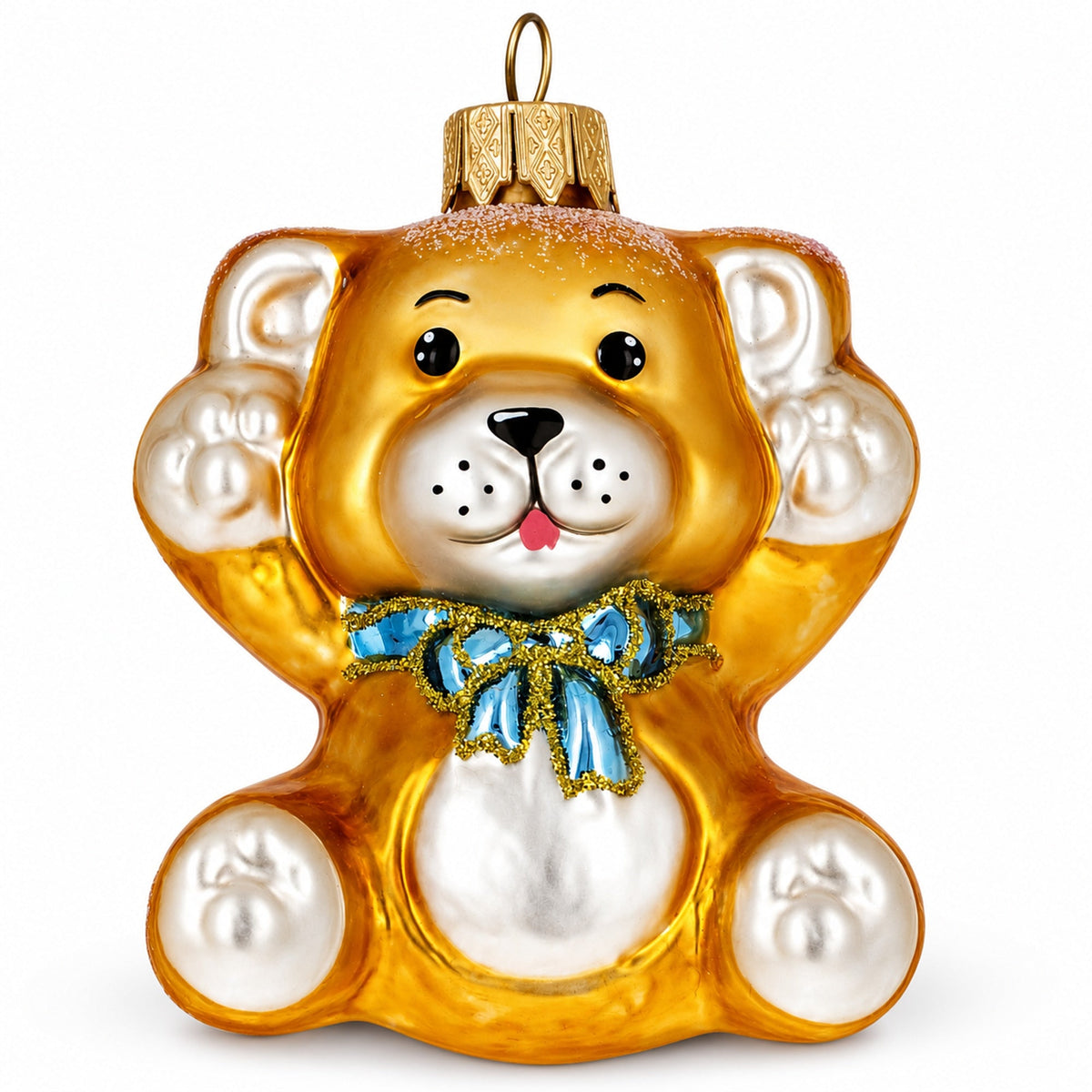 Golden bear glass Christmas ornament with blue bow and raised paws, hanging loop.