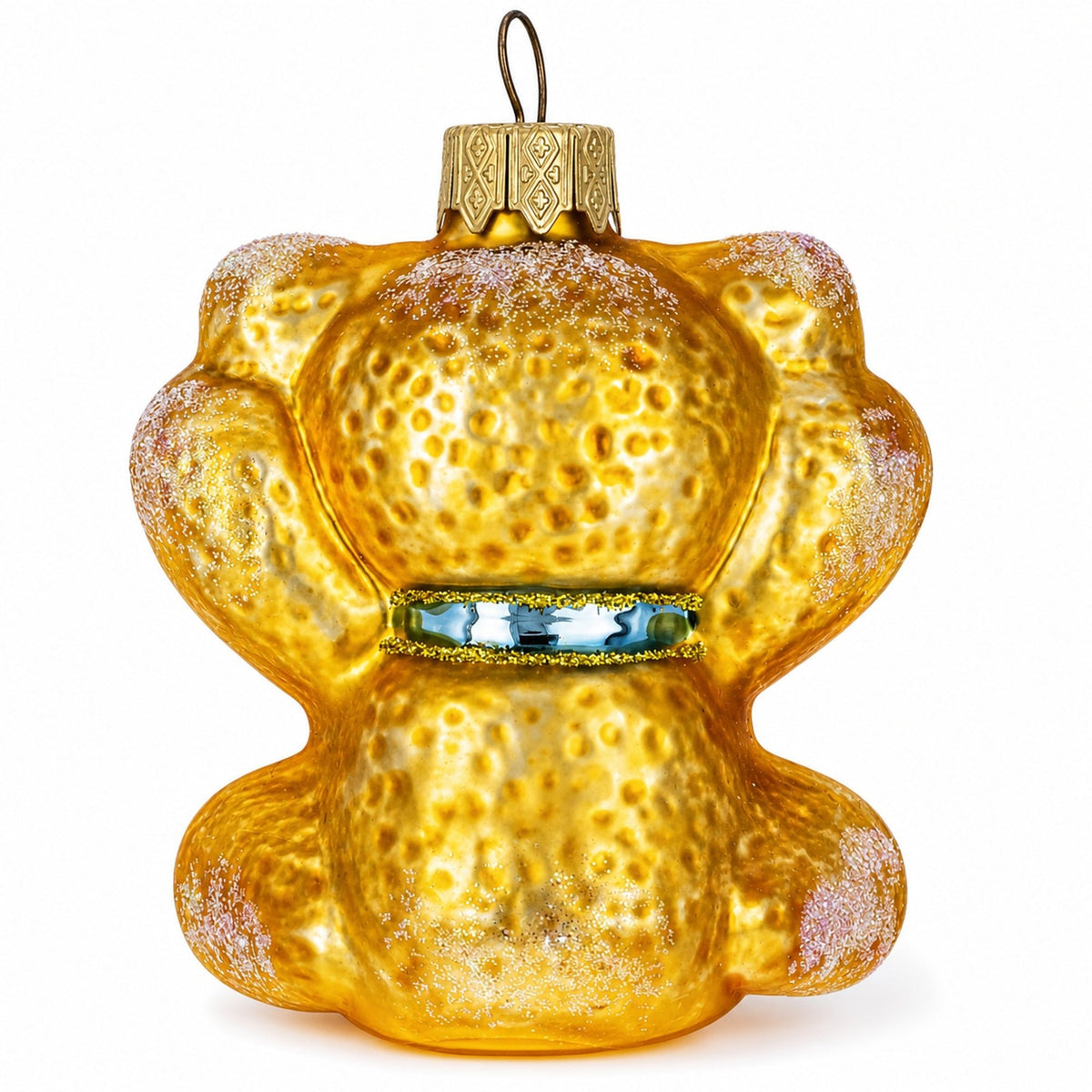 Golden bear glass Christmas ornament with blue bow detail and hanging loop.