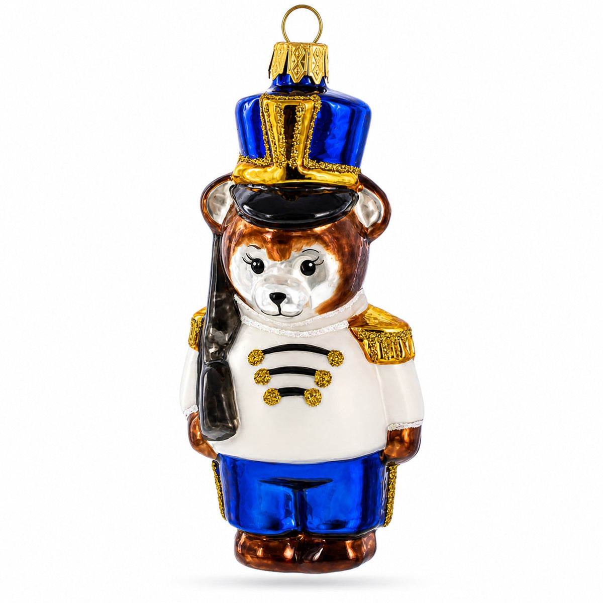 Glass nutcracker bear ornament, blue hat with gold trim, brown suit, white shirt front