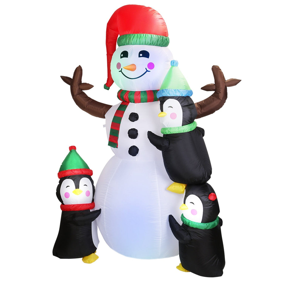 Inflatable snowman yard decoration with four penguins, red hat, scarf, LED lights