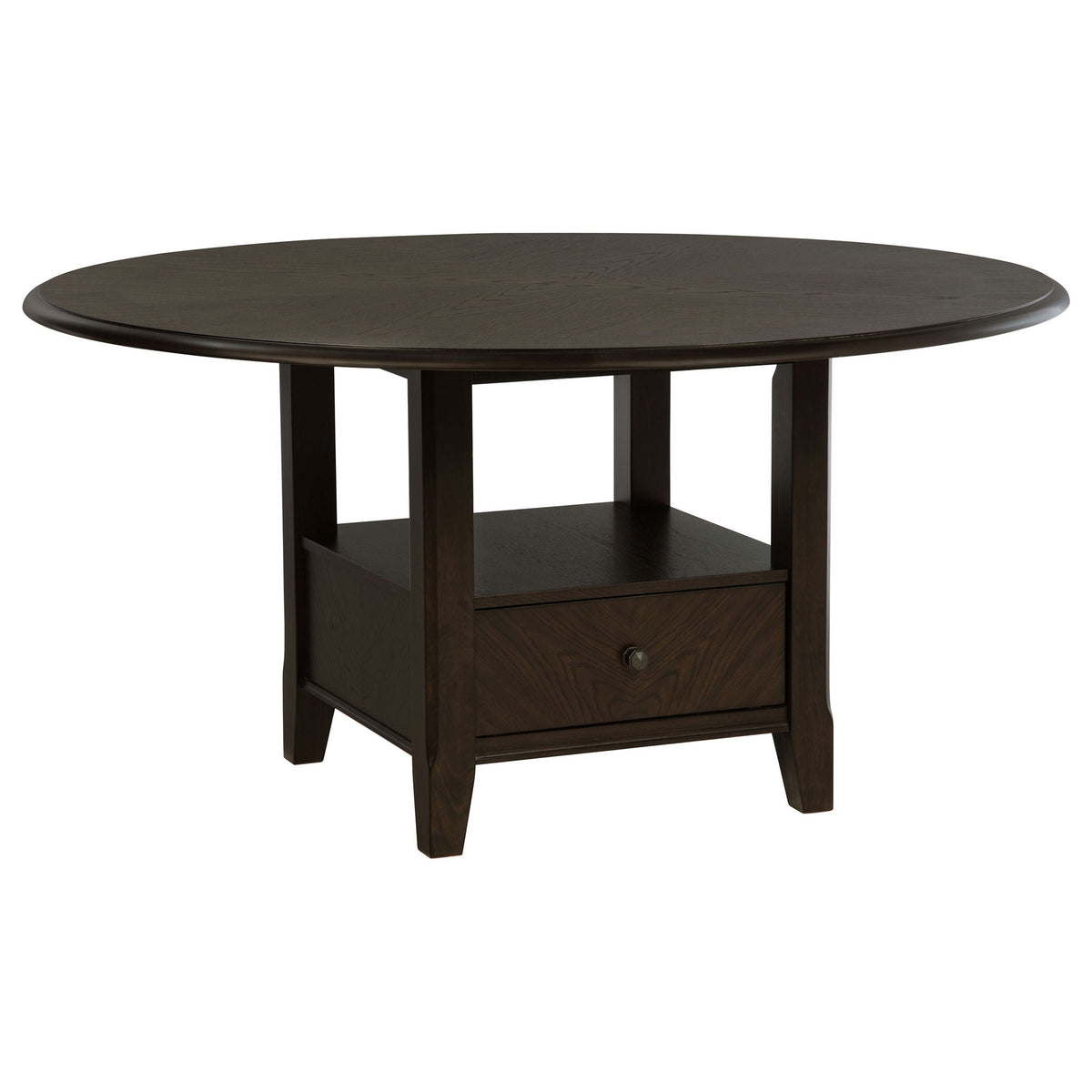 Dark cocoa round dining table with drawer, lower shelf, and four legs