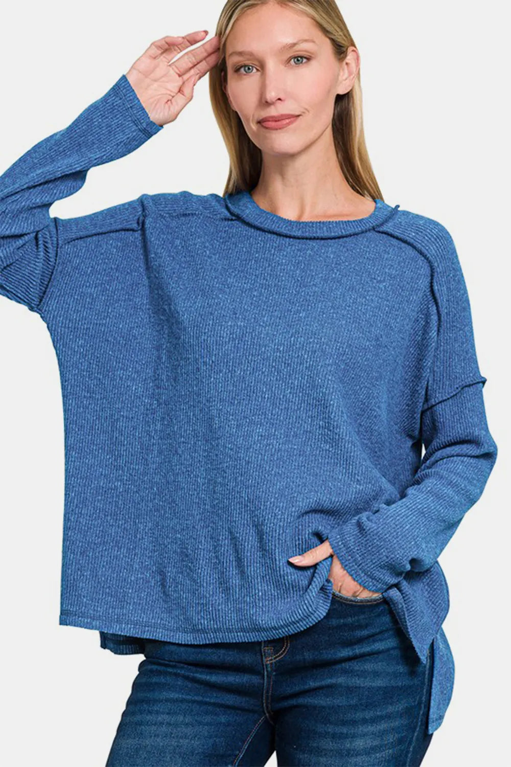 Women's navy-blue brushed round-neck sweater with exposed seams