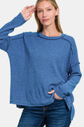 Women's navy-blue brushed round-neck sweater with exposed seams