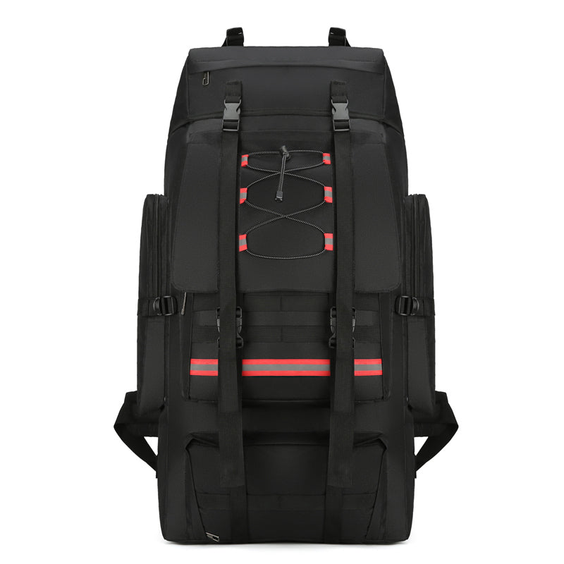 Black travel backpack with front organizer panel and red striped webbing