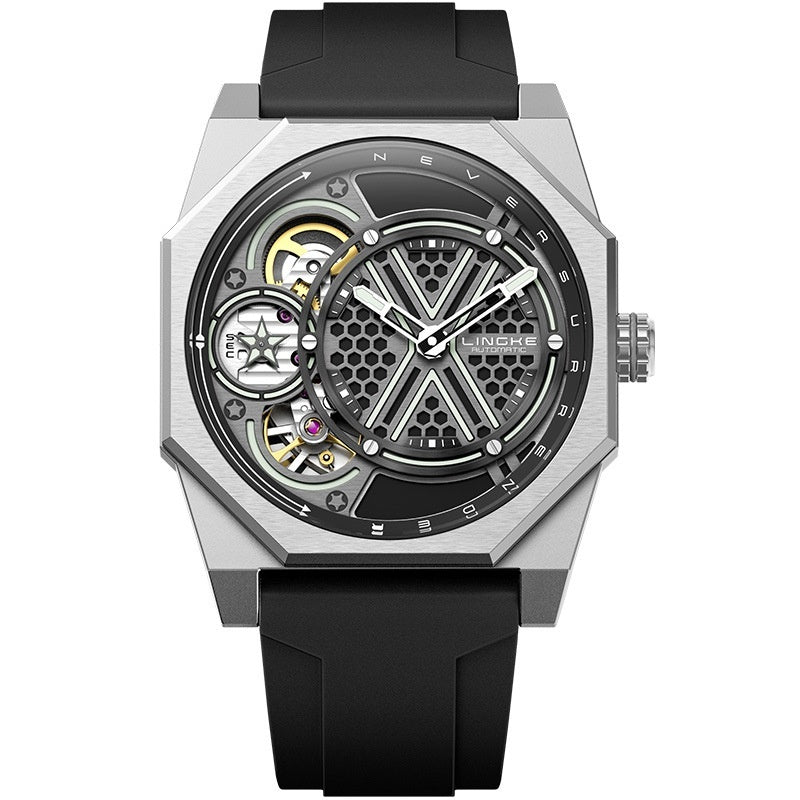 Silver-tone tonneau skeleton quartz wristwatch with black silicone strap, right-side crown