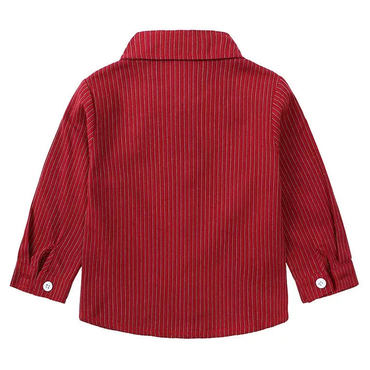 Red striped shirt back with button cuffs and straight yoke