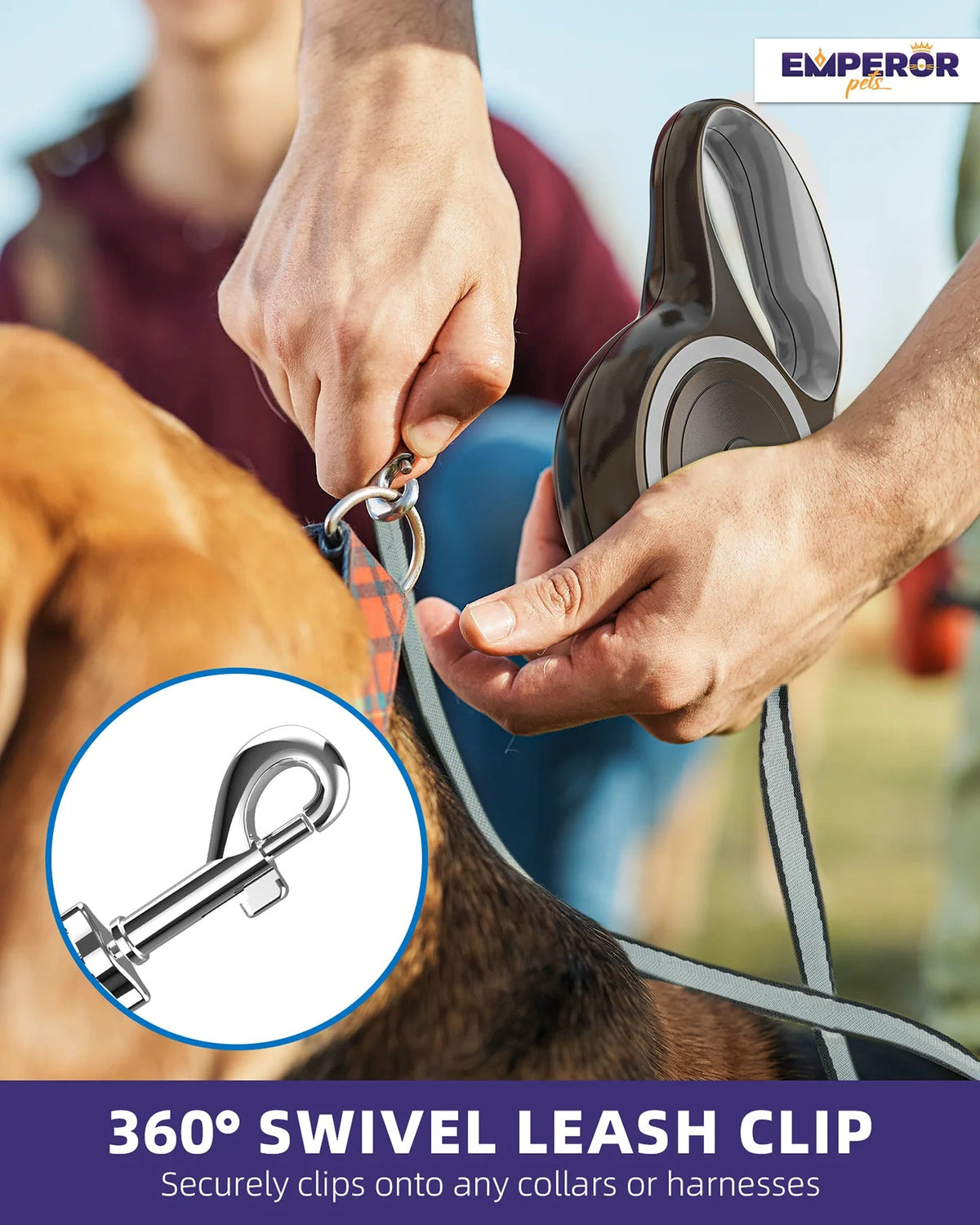 Gray retractable dog leash with a 360-degree swivel clip attaching to a collar