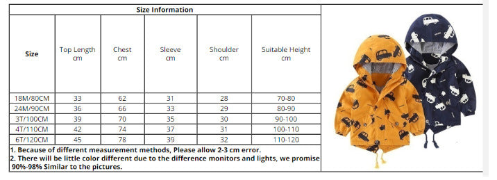 Size information chart for kids' cotton-padded coat, hooded jacket sizing table
