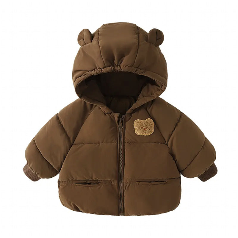 Dark brown baby winter cotton-padded jacket with hood, teddy applique, full-zip