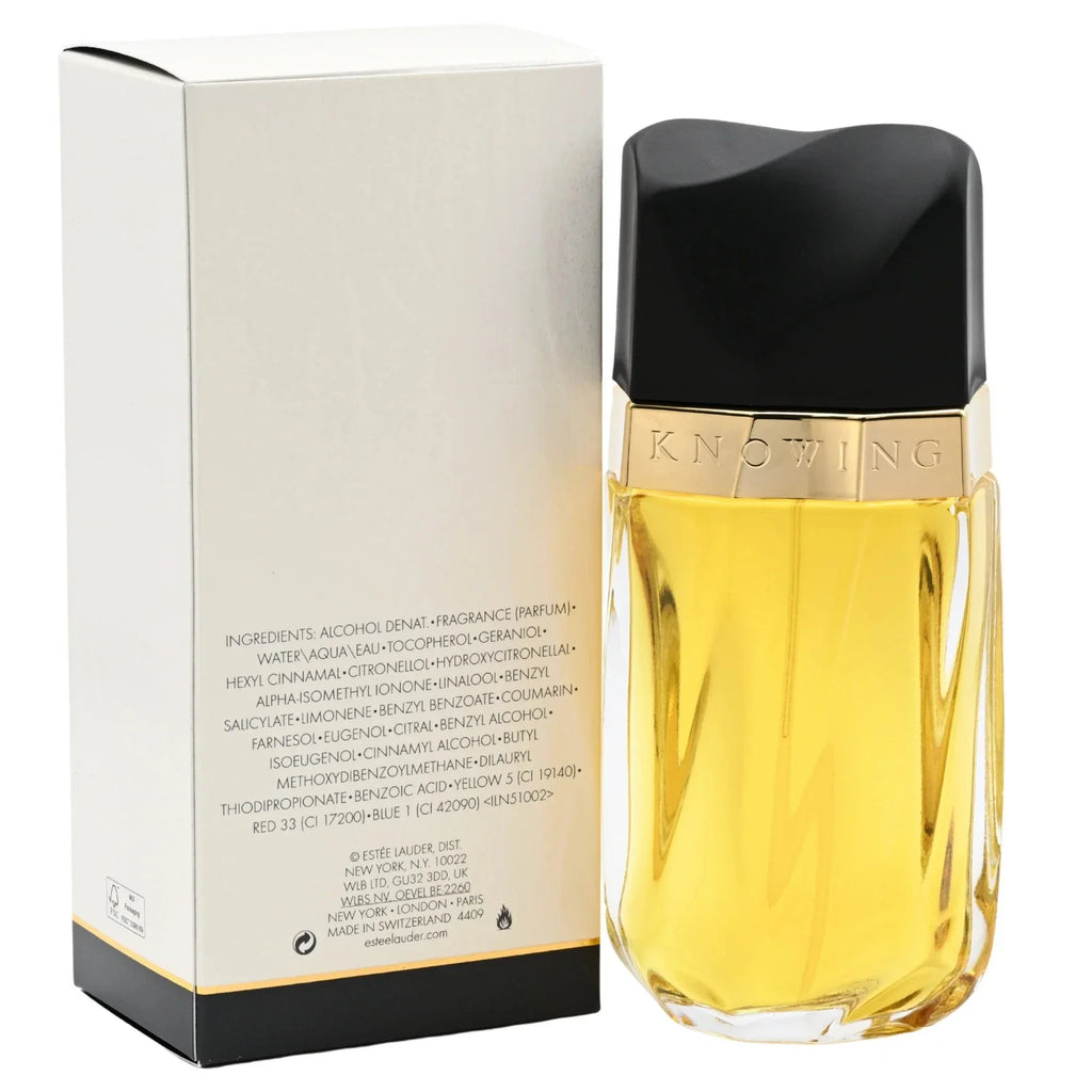 Knowing eau de parfum spray with white box and gold bottle, black cap