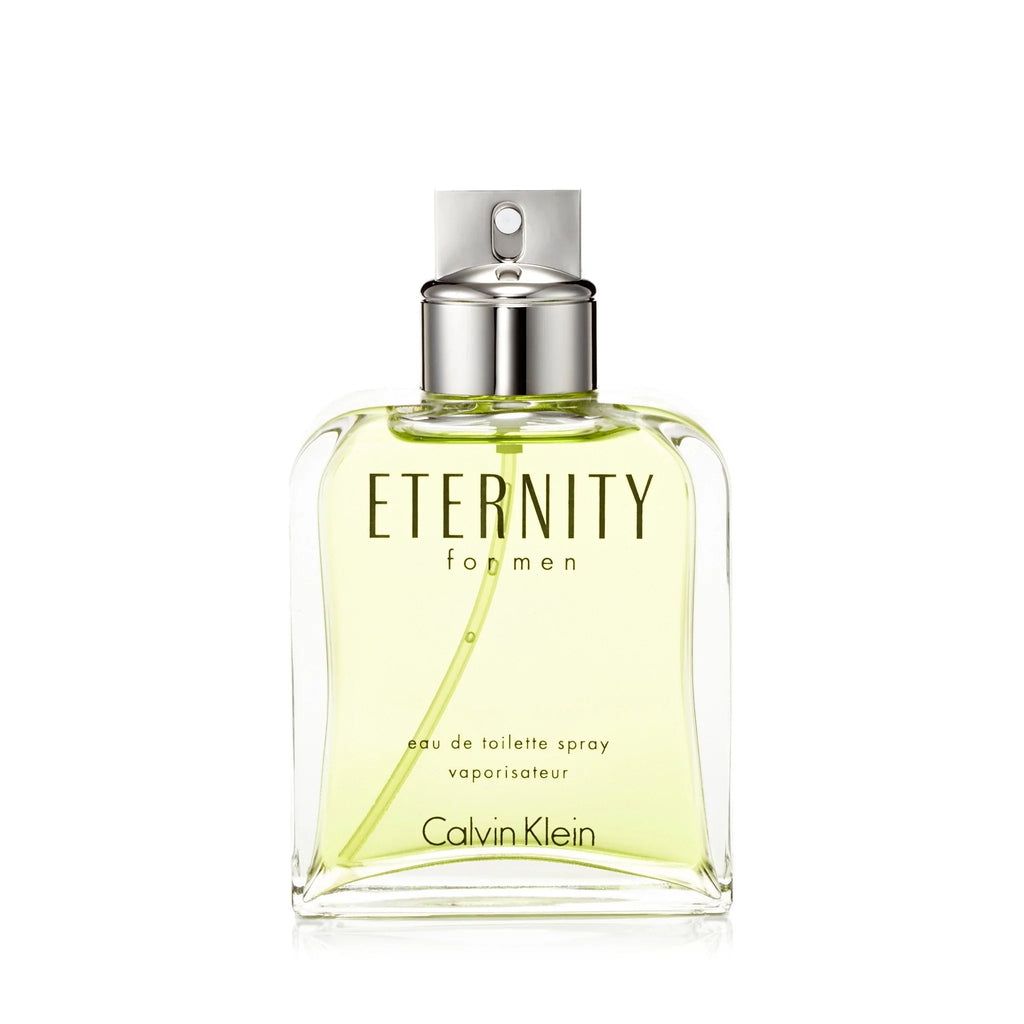 Eternity for Men eau de toilette spray bottle, silver cap, pale green glass
