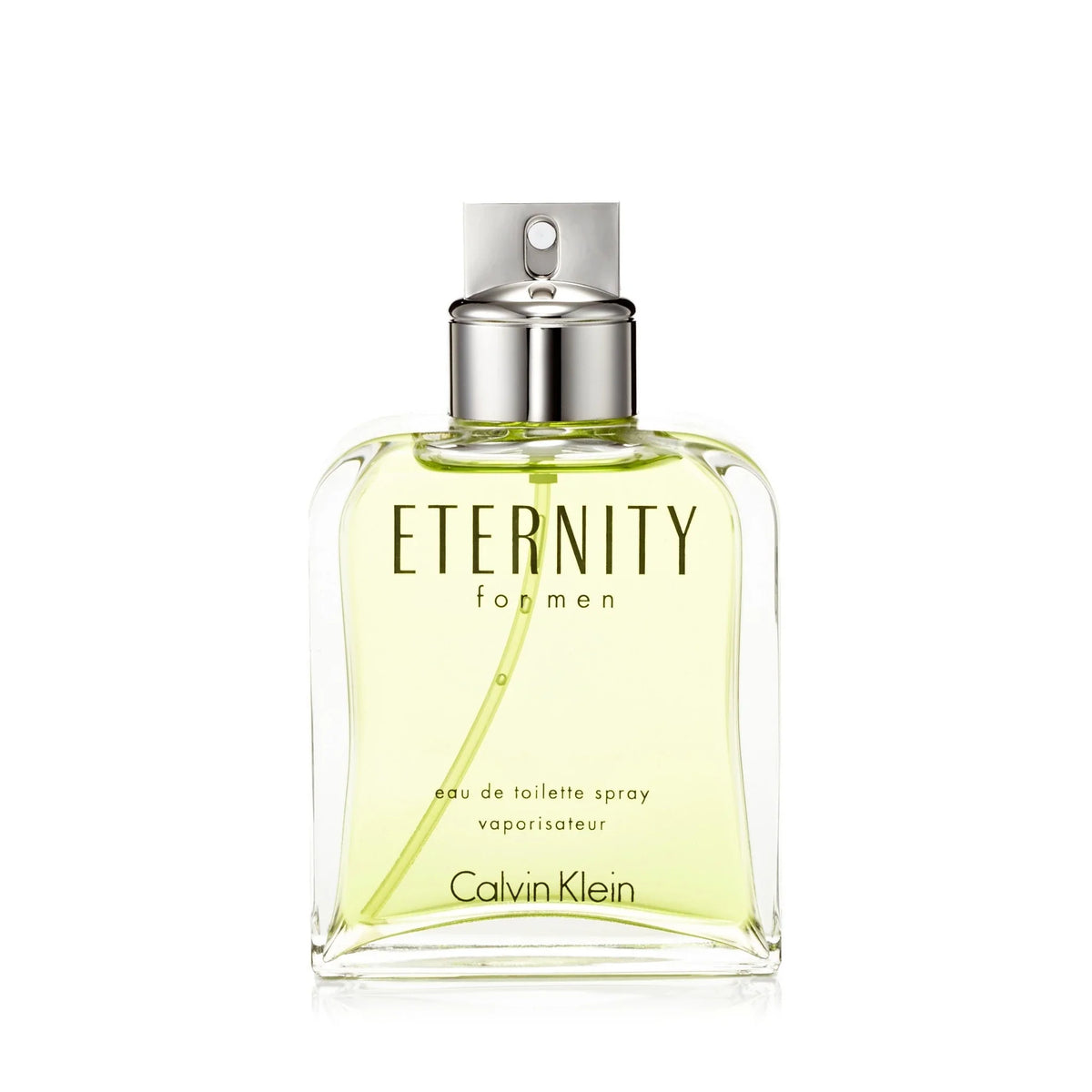 Eternity for Men eau de toilette spray bottle, silver cap, pale green glass