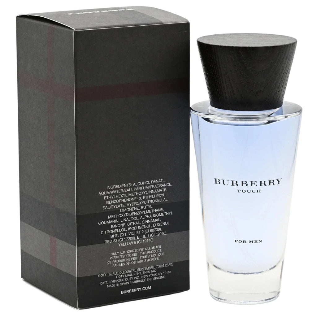 Burberry Touch men's eau de toilette spray with box back panel and clear bottle, black cap