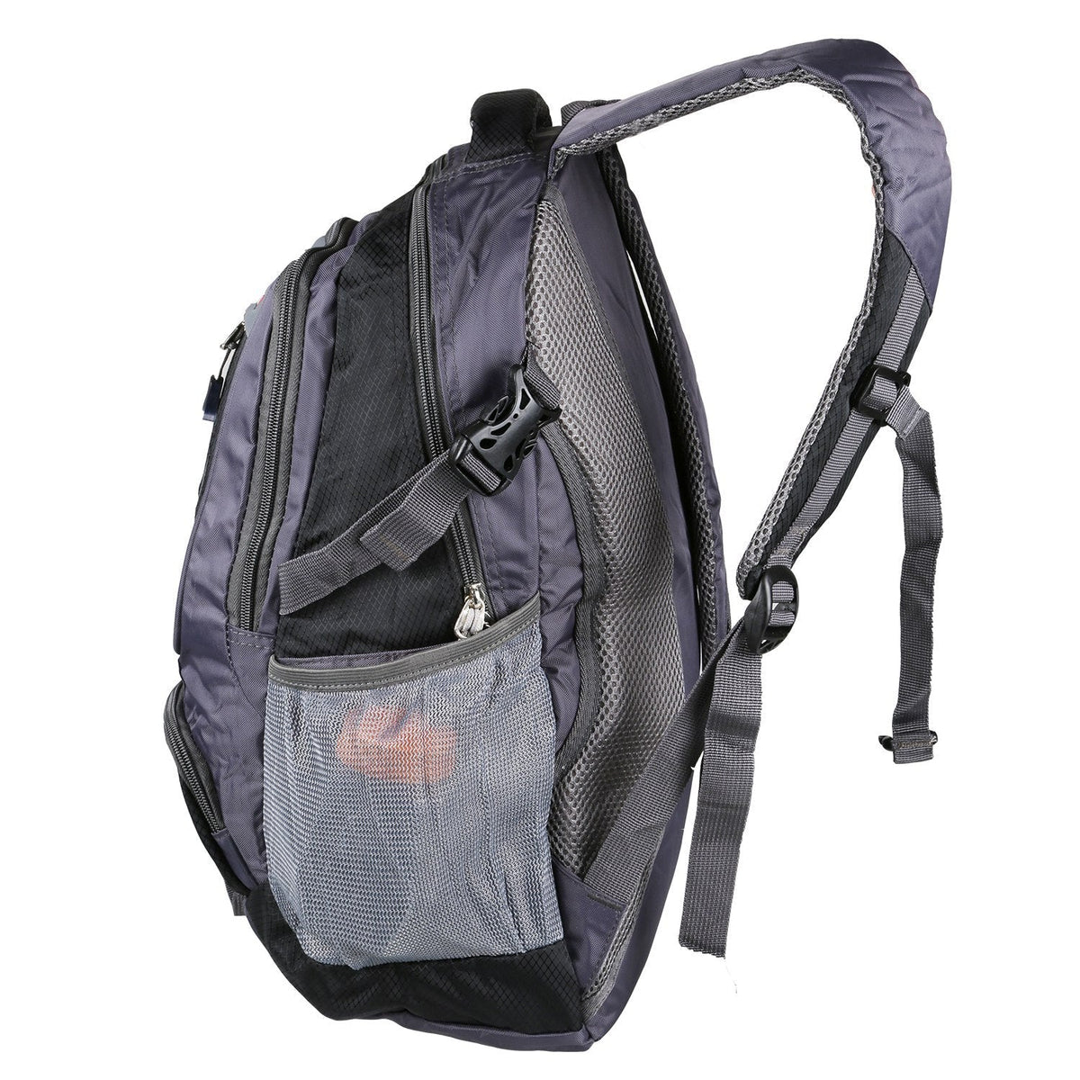 Gray unisex backpack with front zip pocket, side mesh pocket, and adjustable shoulder straps