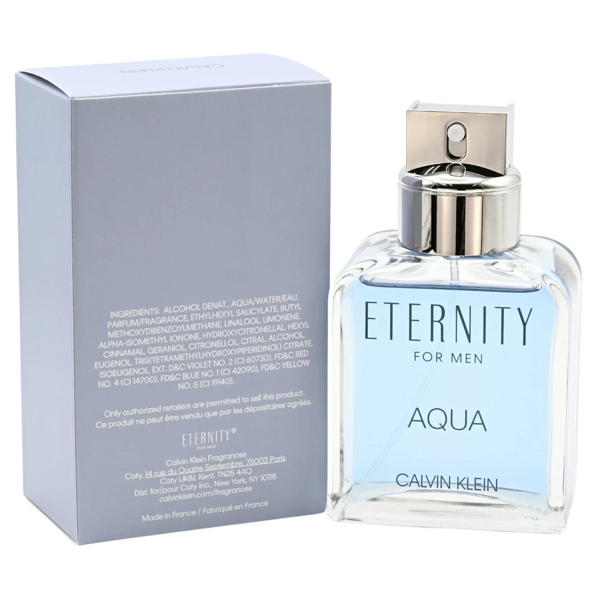 Calvin Klein Eternity Aqua for Men eau de toilette spray with box back panel, clear bottle