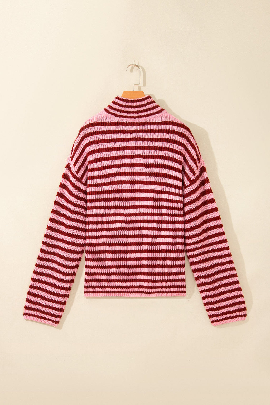 Red and white striped mock-neck zip cardigan, back view