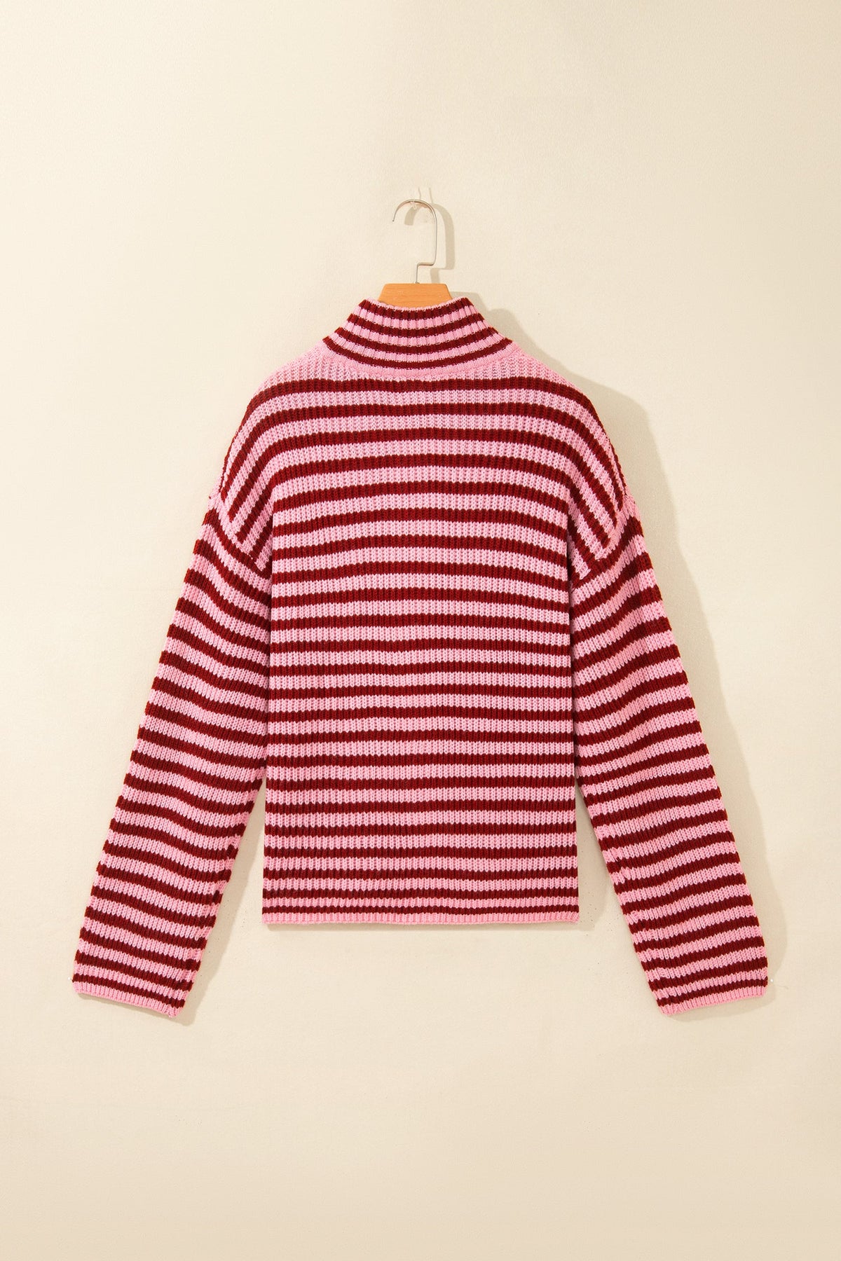 Red and white striped mock-neck zip cardigan, back view