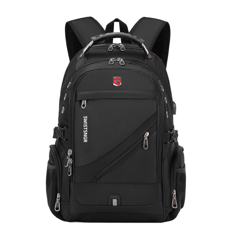 Black backpack with front diagonal zip panel, top handle, and padded shoulder straps