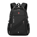 Black backpack with front diagonal zip panel, top handle, and padded shoulder straps