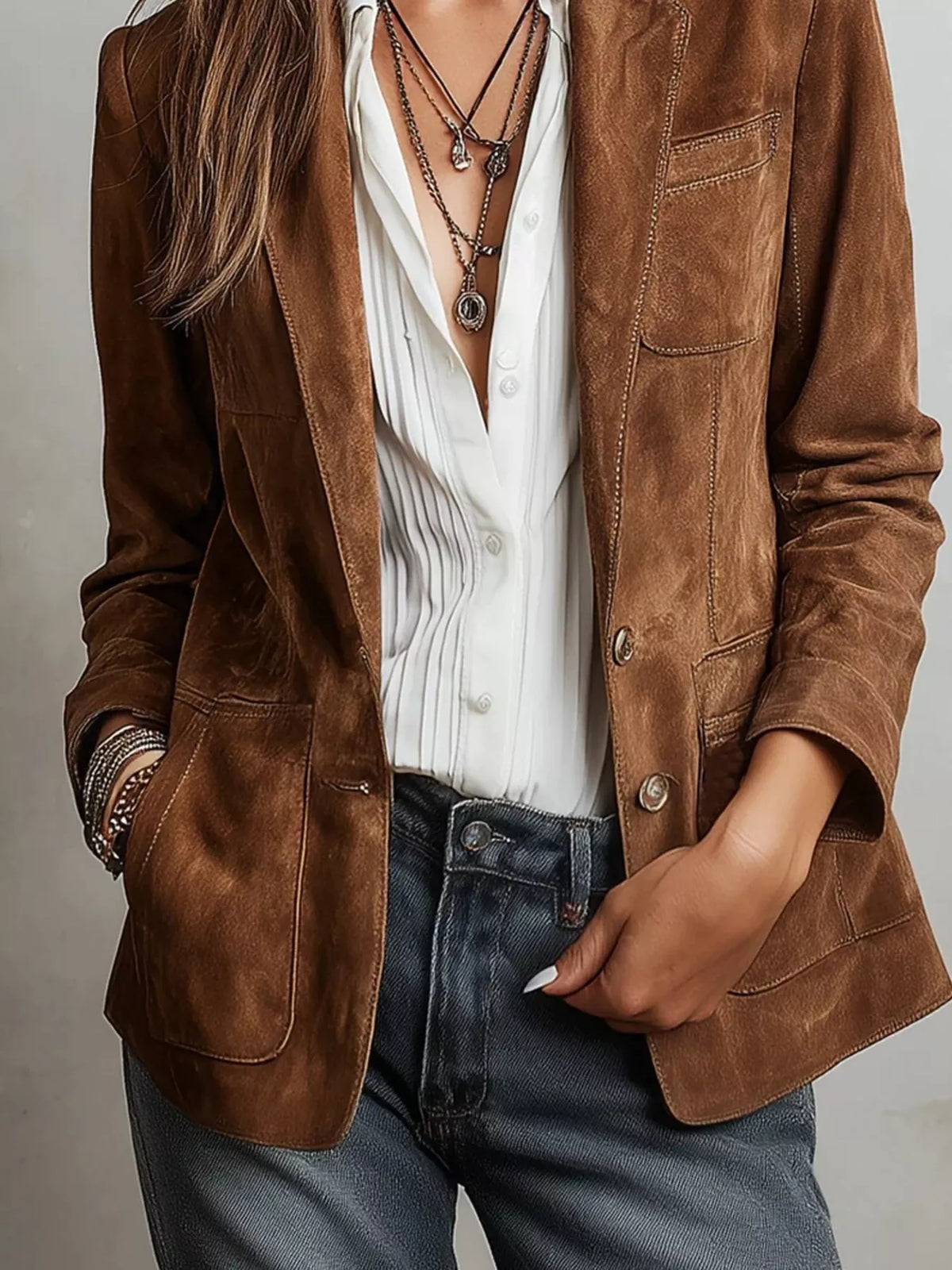 Plus size slim-fit suede long-sleeve blazer in brown, flap pockets and button front
