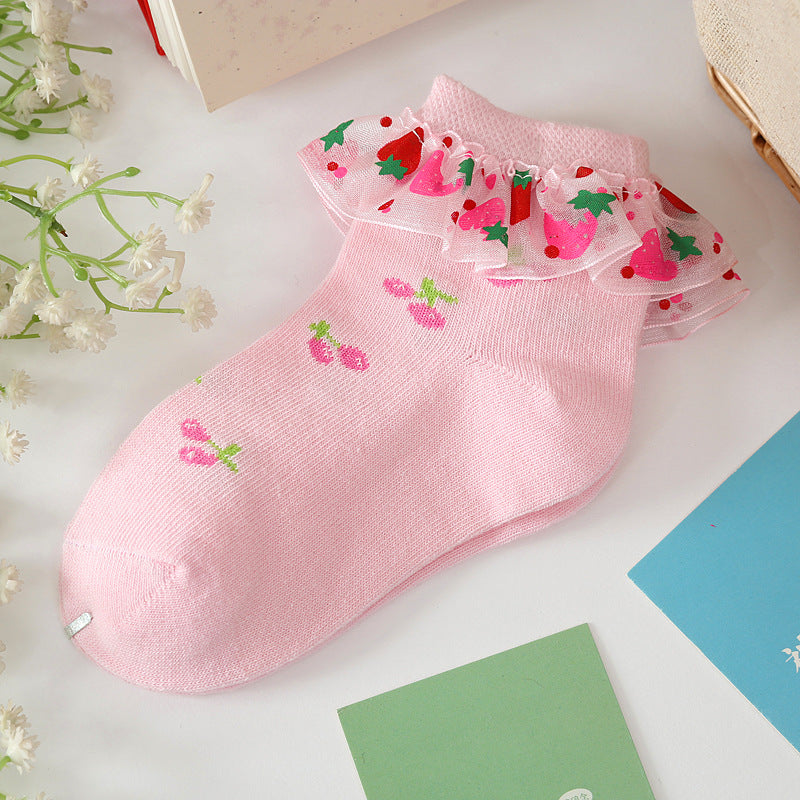 Girls pink cotton ankle socks with strawberry print and sheer ruffle lace cuff