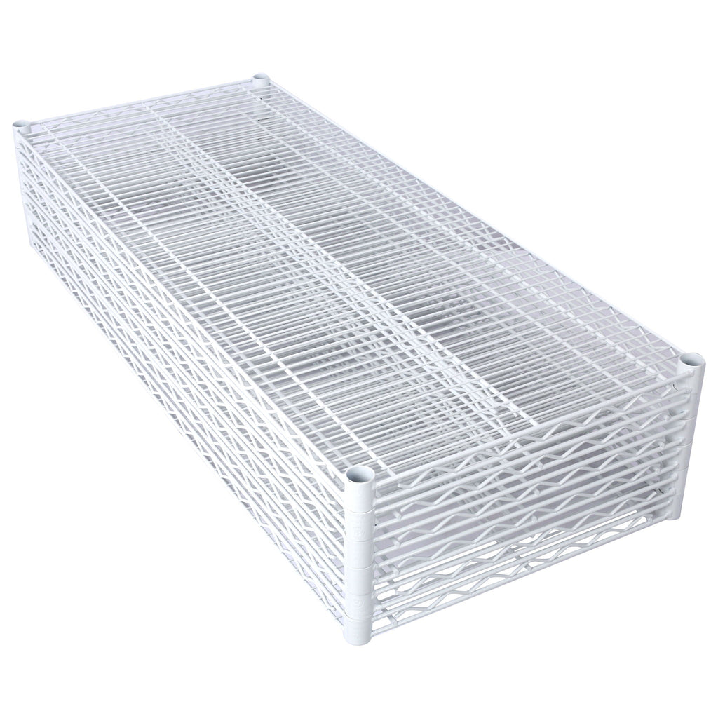 White wire shelf liner panel with raised grid edges for covering shelving