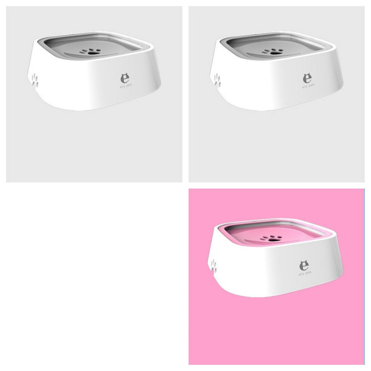 Pet water bowl with floating slow-feed tray, anti-overflow design, white with gray insert