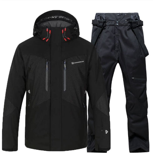 Men's black waterproof insulated ski jacket and black ski pants set