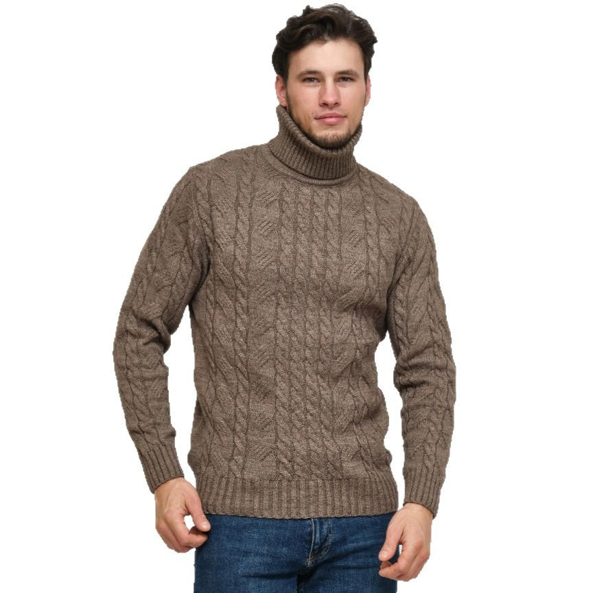 Men's cable-knit turtleneck sweater in taupe, long sleeves, chunky cable texture.