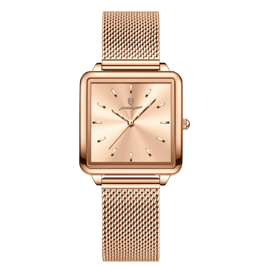 Rose gold square quartz watch with light face and rose gold mesh metal band