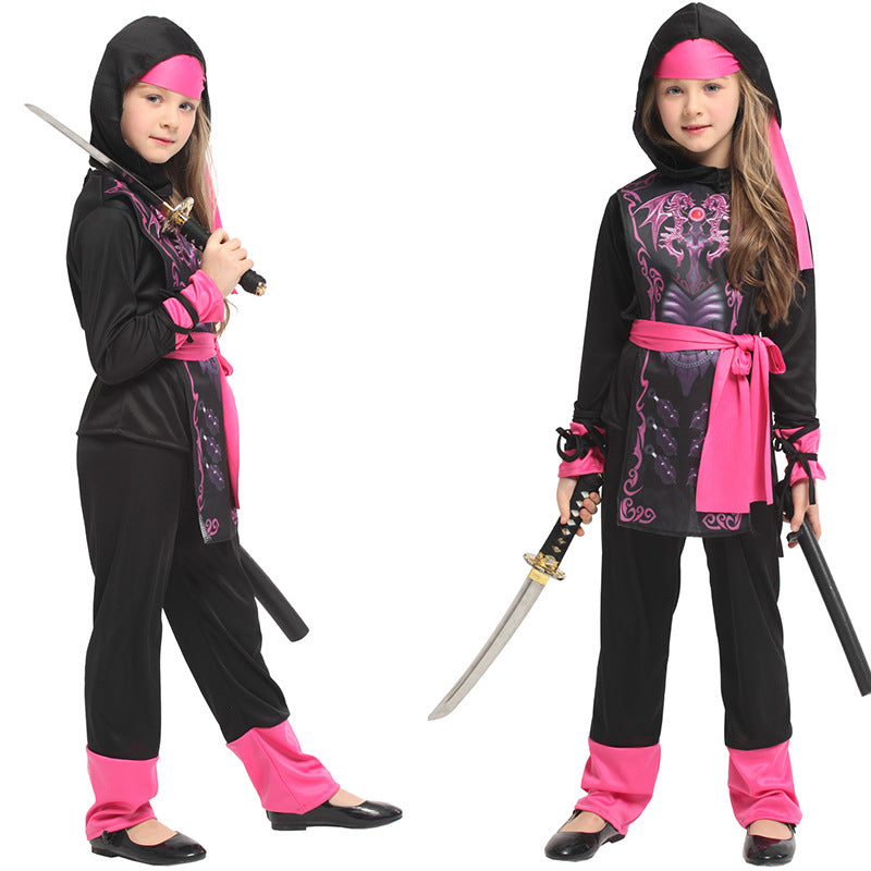 Kids' black-and-pink hooded samurai costume with tunic, pants, belt, sword