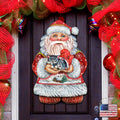 Santa holding a kitten Christmas door decor cutout with red hat and white beard