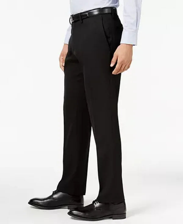 Men's black stretch slim-fit dress pants, side view with clean front and tapered fit